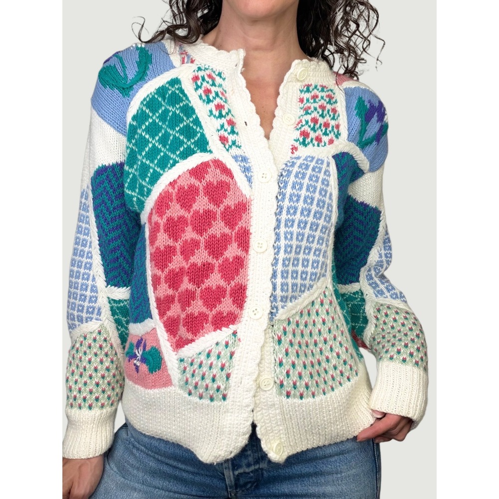 Vintage Orvis Patchwork Cardigan Sweater Floral Heart Knit Ramie Cotton S